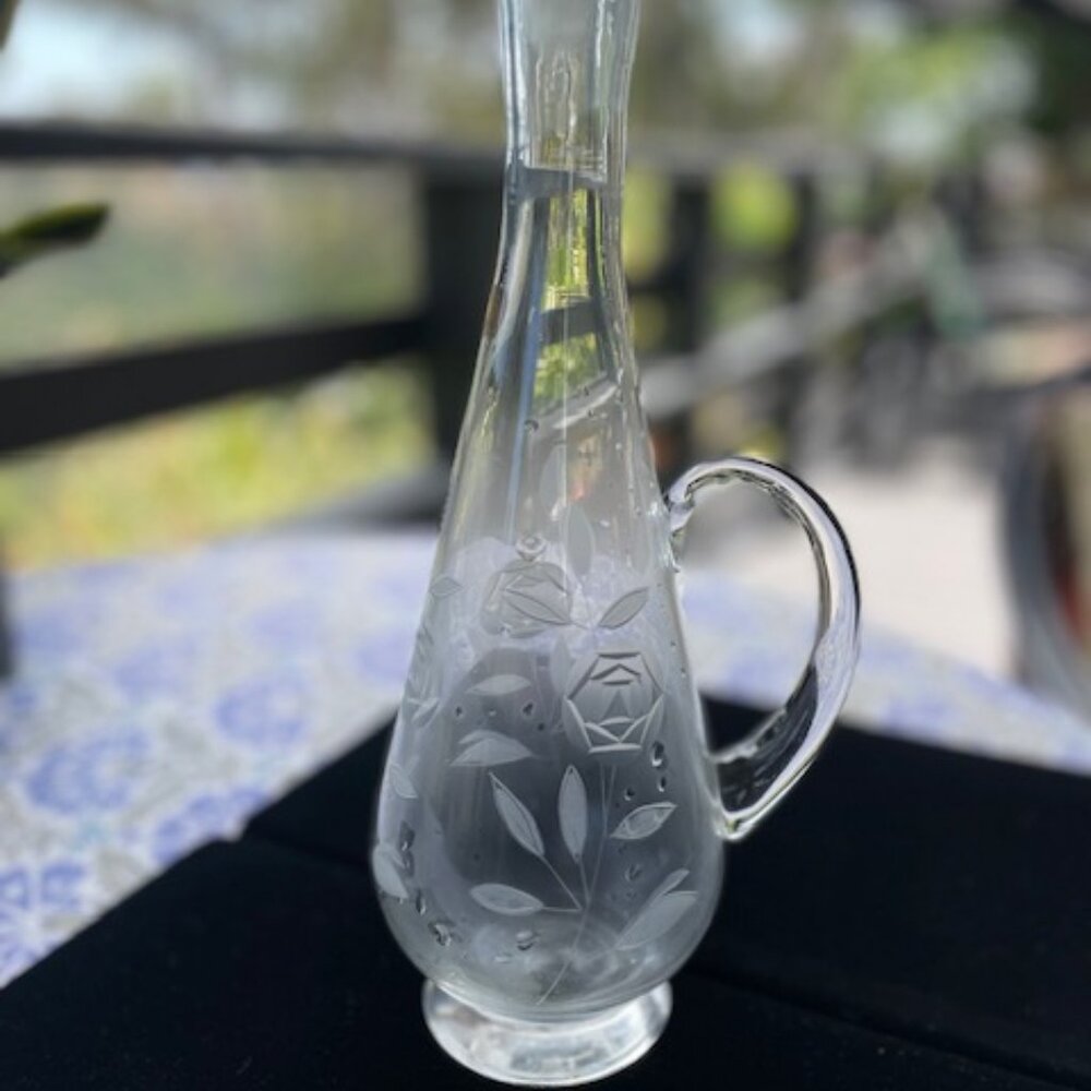 Vintage Roumanian Etched Glass Wine Decanter